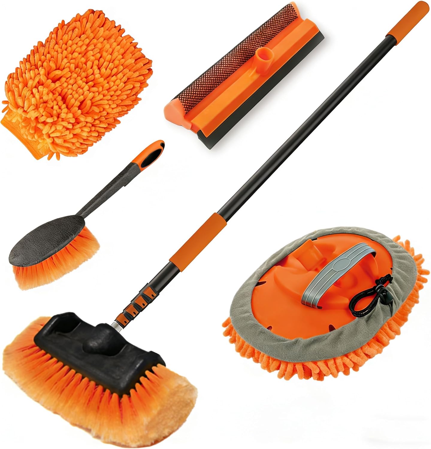 20FT Reach Car Wash Brush with Long Handle, Car Cleaning Kit with Soft Bristle Wash Brush, Microfiber Cleaning Mop, Window Squeegee, Mitt, Wheel Brush for RV, Truck, Boat, House Siding