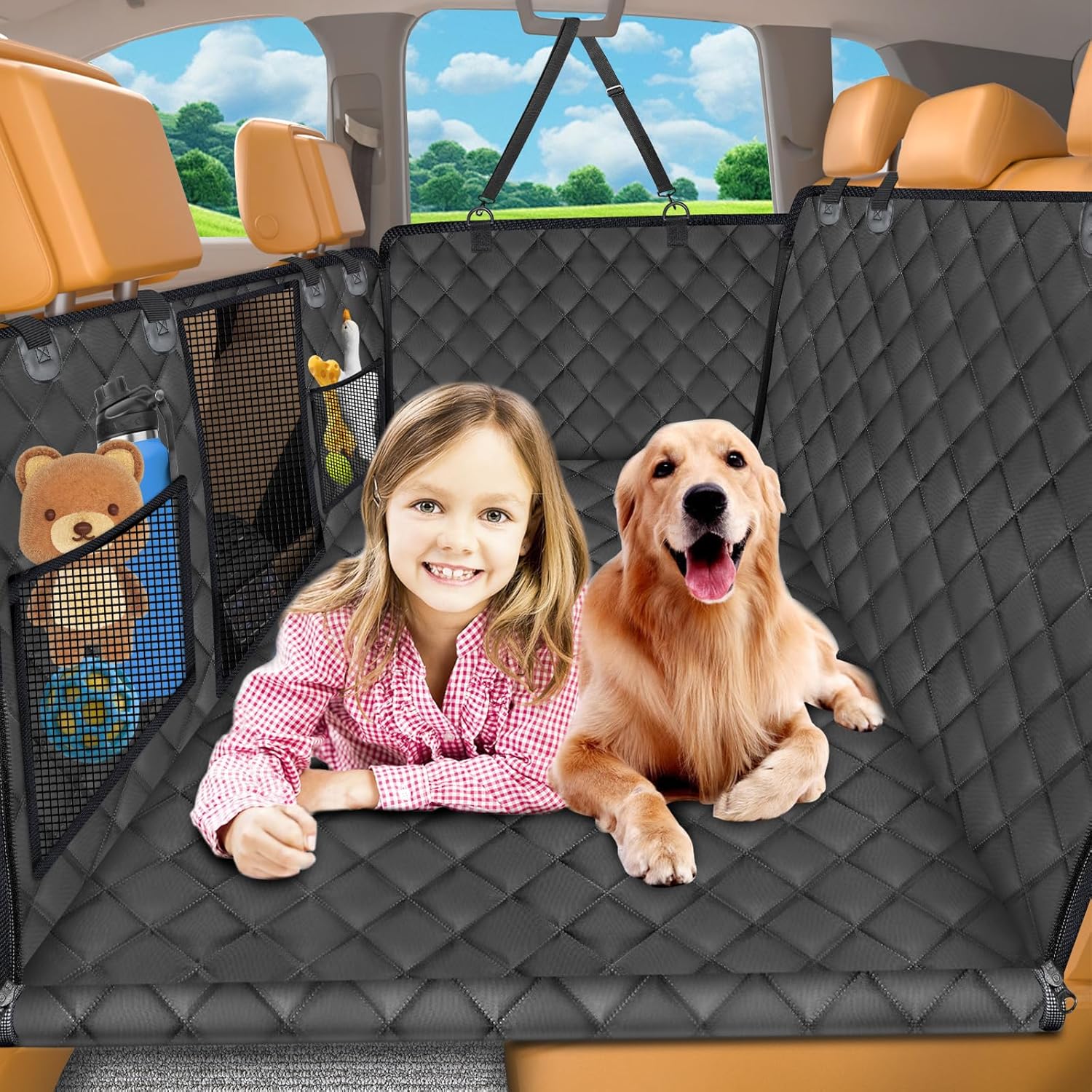 URPOWER Back Seat Extender for Dogs – Hard Bottom Dog Car Seat Cover Holds 420 lbs, Waterproof Dog Hammock Dogs Bed for Cars, SUVs & Small Trucks, Pet Backseat Protector with Mesh Window & Large Space