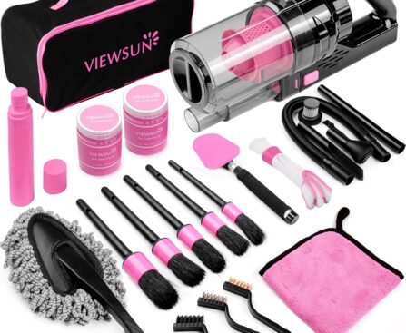 Viewsun 17pcs Car Cleaning Kit, Pink Car Interior Detailing Kit with High Power Handheld Vacuum, Detailing Brush Set, Windshield Cleaner, Cleaning Gel, Complete Auto Accessories for Women Gift