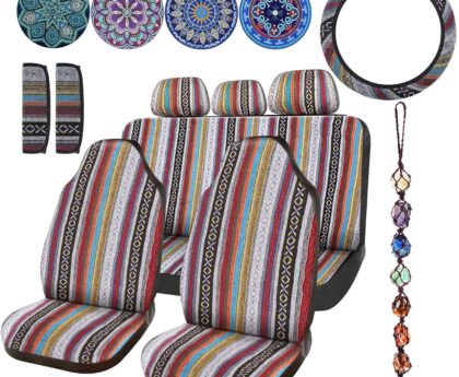 Frienda 14 Pcs Baja Car Seat Covers Full Set Multicolor Stripe Boho Print Steering Wheel Cover Seat Belt Cover Crystal Hanging Ornament Car Holders Fits (Stripe Style)