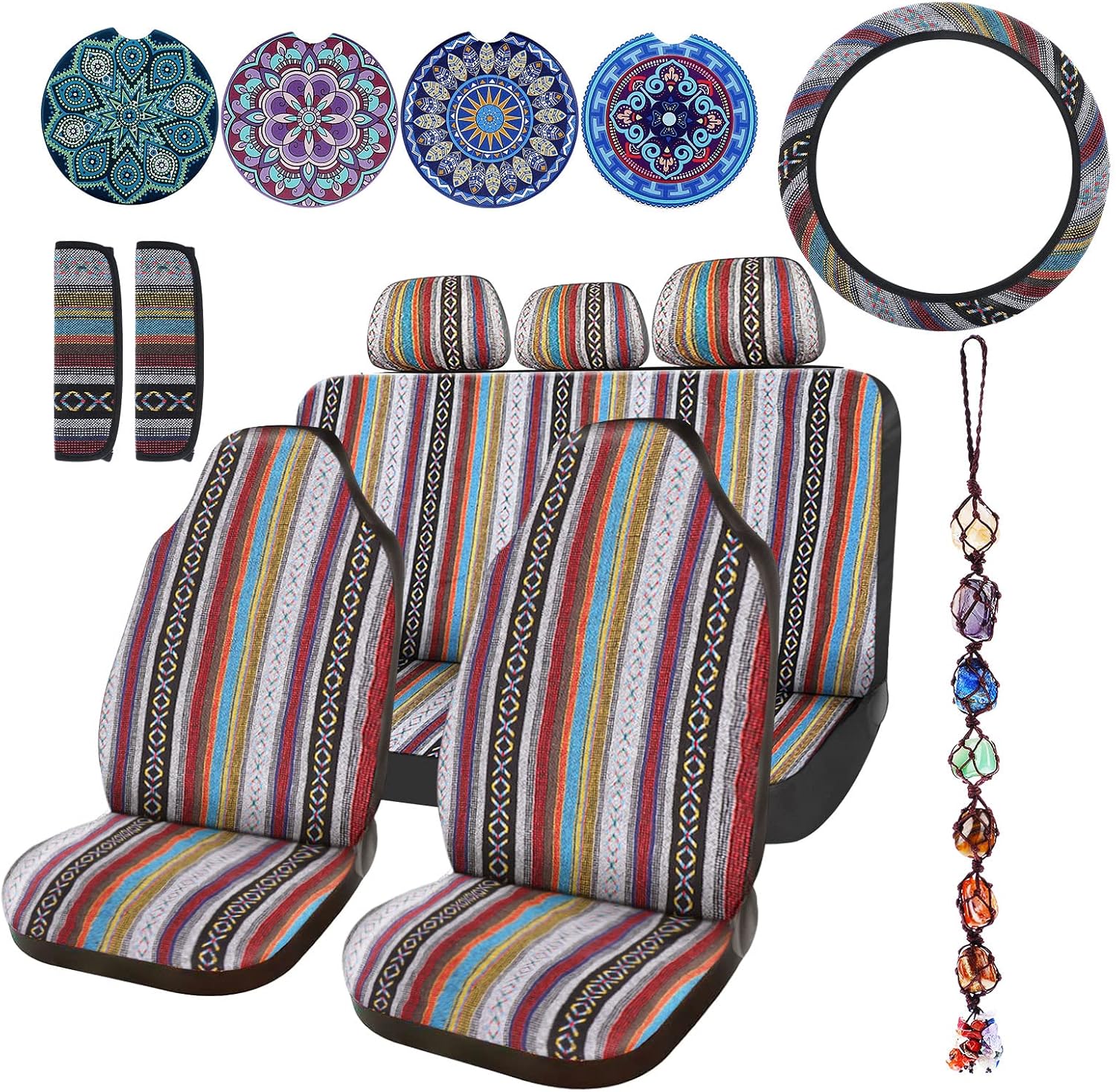Frienda 14 Pcs Baja Car Seat Covers Full Set Multicolor Stripe Boho Print Steering Wheel Cover Seat Belt Cover Crystal Hanging Ornament Car Holders Fits (Stripe Style)