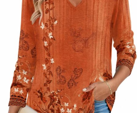 Zeagoo Long Sleeve Shirts for Women Fall V Neck Tops Casual Dressy Blouse Boho Tunic Business Work Clothes School Outfit