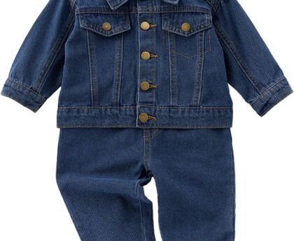 Collared Pocket Top and Long Pants Denim Set for Baby
