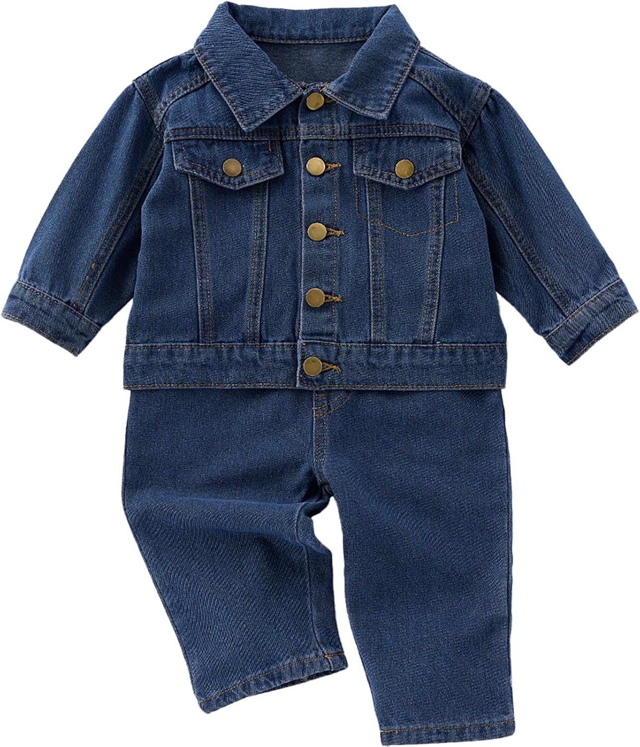 Collared Pocket Top and Long Pants Denim Set for Baby