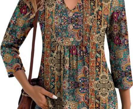 Zeagoo Womens 3/4 Length Sleeve Tops V Neck Dressy Casual T Shirts Pleated Business Work Blouses Basic Tees S-3XL