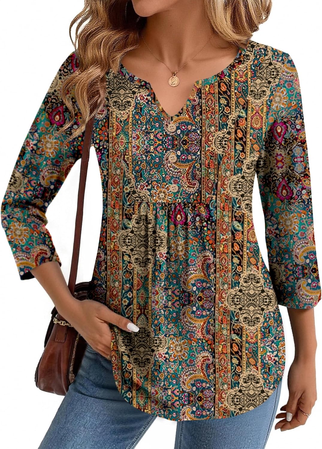 Zeagoo Womens 3/4 Length Sleeve Tops V Neck Dressy Casual T Shirts Pleated Business Work Blouses Basic Tees S-3XL