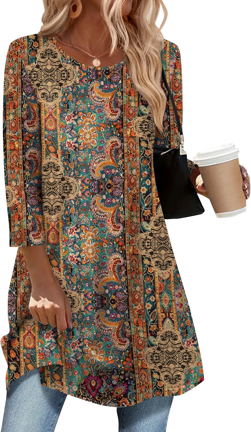 Zeagoo Women Tops 3/4 Sleeve Dressy Casual Plus Size Tunics to Wear with Leggings Swing Flare T-Shirt Loose Blouses S-3XL