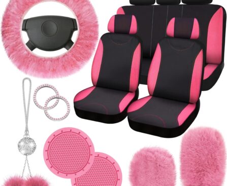 Fulmoon 17 Pcs Car Seat Cover Full Set for Women Fluffy Fuzzy Car Accessories Christmas Front Rear Steering Wheel Fleece Handbrake Shift Covers Hanging Accessory Holder Ring Emblem(Pink Black)