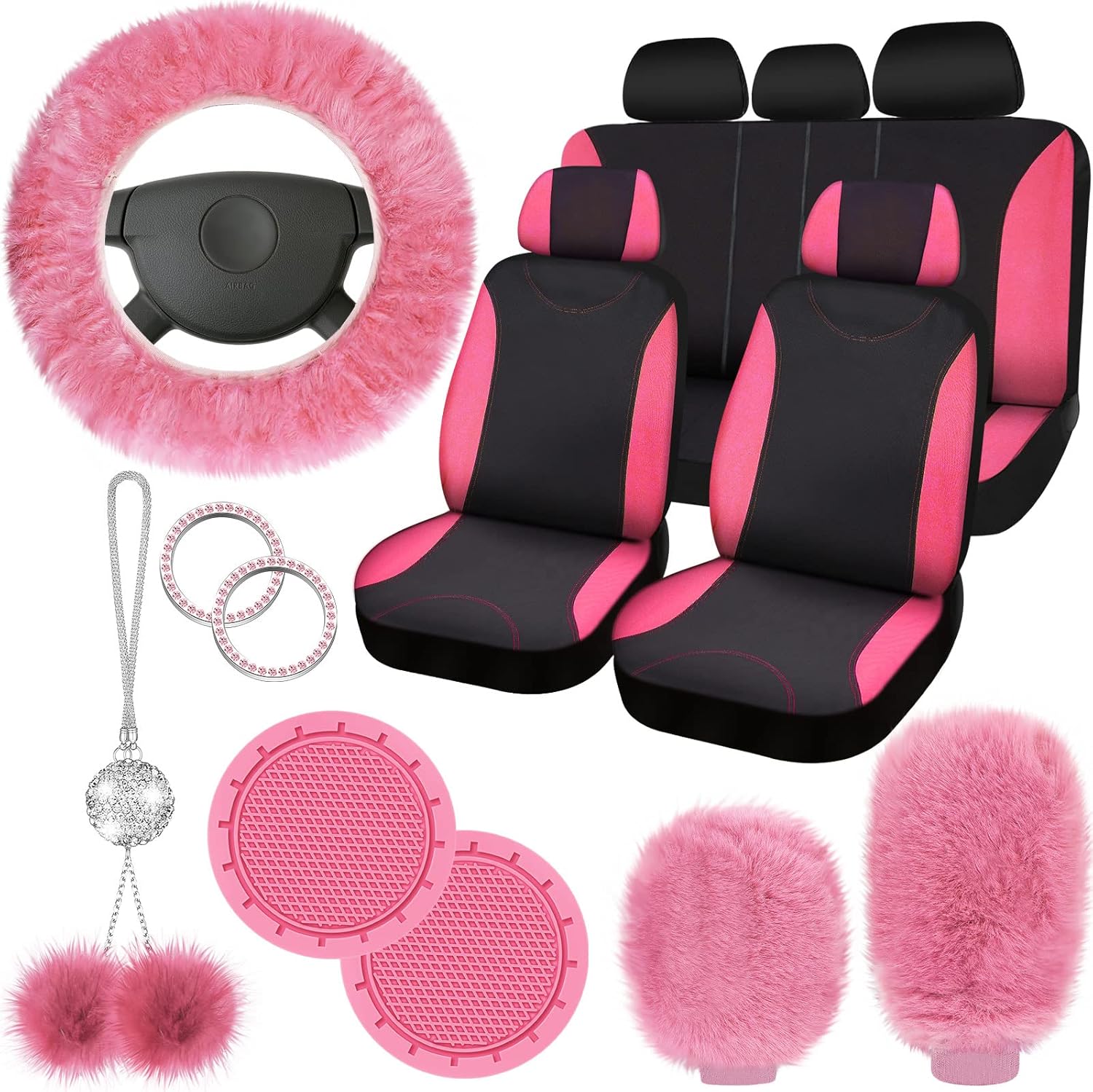 Fulmoon 17 Pcs Car Seat Cover Full Set for Women Fluffy Fuzzy Car Accessories Christmas Front Rear Steering Wheel Fleece Handbrake Shift Covers Hanging Accessory Holder Ring Emblem(Pink Black)