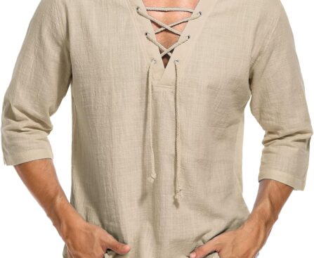 LecGee Men’s Casual Cotton Linen Shirt Short Sleeve V Neck Lace Up Hippie Beach Tee Shirts Yoga Summer Top