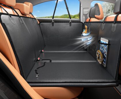 Back Seat Extender for Dogs, PU Leather Dog Car Seat Cover for Back Seat with Hard Bottom, 100% Waterproof, Scratch Proof and Anti Slip Dog Hammock for Cars and SUVs, Holds 400 lbs