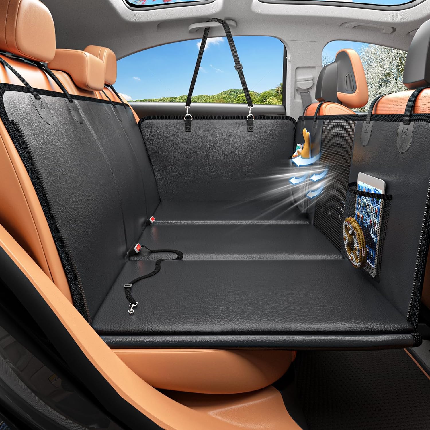 Back Seat Extender for Dogs, PU Leather Dog Car Seat Cover for Back Seat with Hard Bottom, 100% Waterproof, Scratch Proof and Anti Slip Dog Hammock for Cars and SUVs, Holds 400 lbs