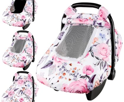 Floral Baby Carseat Cover Girls, Pea Pod Infant Car Seat Covers Canopy for Newborn with 2 Layers Windows of Breathable Mesh/Fabric, Lightweight Polyester/Minky Dot Backing, Snug Fit Most Baby Car Seat