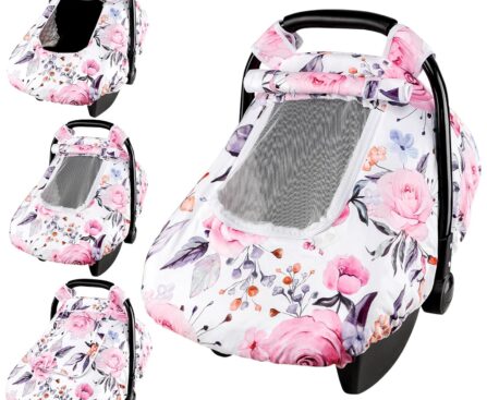 Floral Baby Carseat Cover Girls, Pea Pod Infant Car Seat Covers Canopy for Newborn with 2 Layers Windows of Breathable Mesh/Fabric, Lightweight Polyester/Minky Dot Backing, Snug Fit Most Baby Car Seat