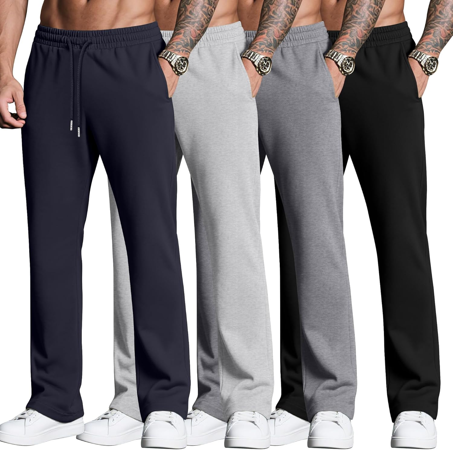 Neer 4 Pack Men’s Sweatpants Joggers with Pockets Open Bottom Gym Athletic Pants Baggy Workout Casual Running Clothing