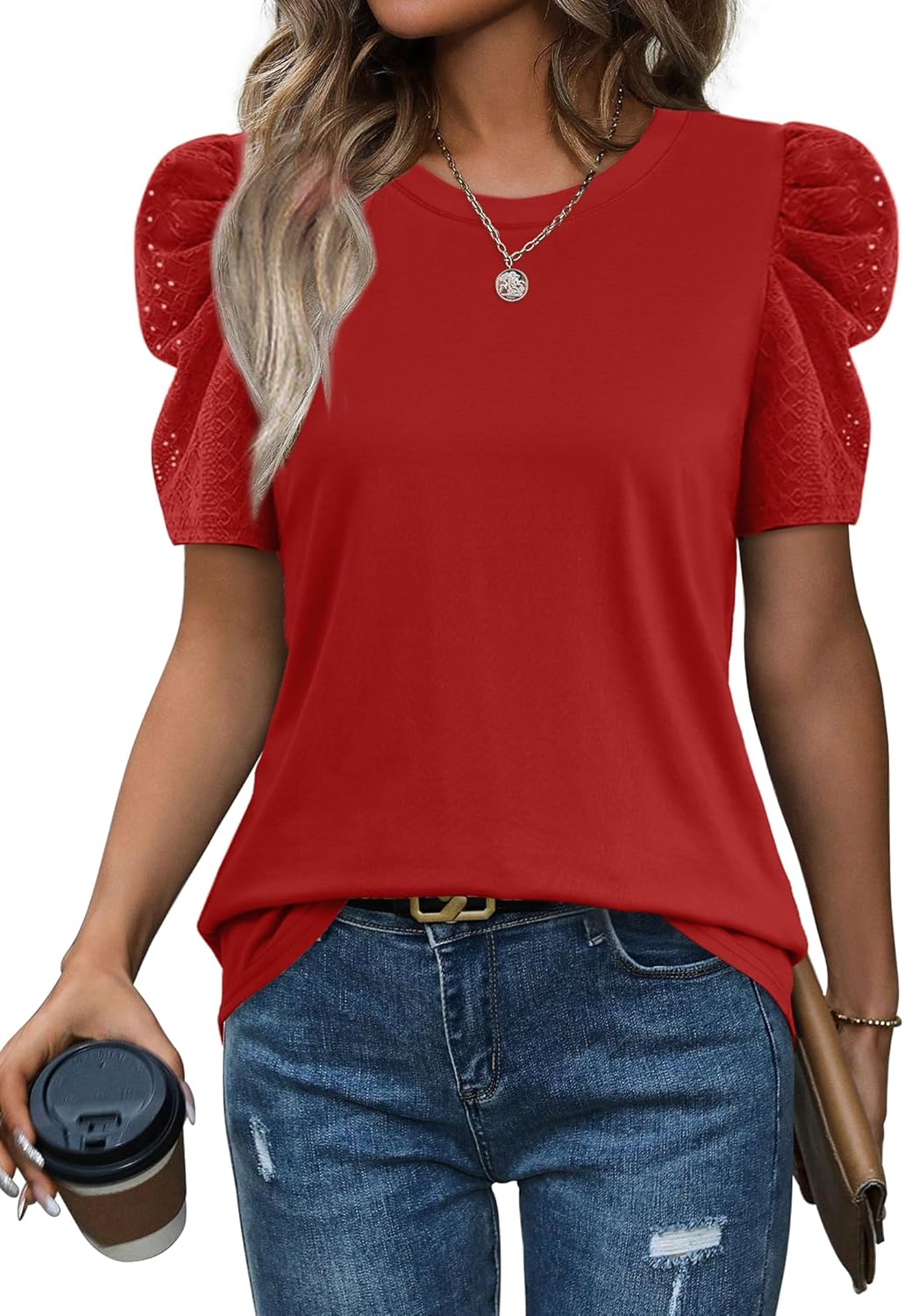 WIHOLL Summer Tops for Women Puff Sleeve Crewneck T Shirts Dressy Casual Blouses Spring Outfits Fashion Clothes