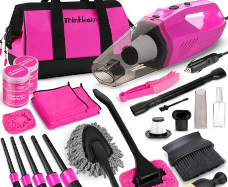 ThinkLearn Car Cleaning Kit, Car Vacuum Detailing Kit Interior with High Power Handheld Vacuum, Including 7Pcs Detailing Brush Set, Windshield Cleaner, Pink Car Accessories for Women