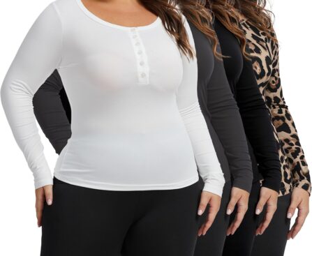 Multi-Pack Women’s Plus Size T-Shirts-Henley Neck Long Sleeve Oversize Knit Top