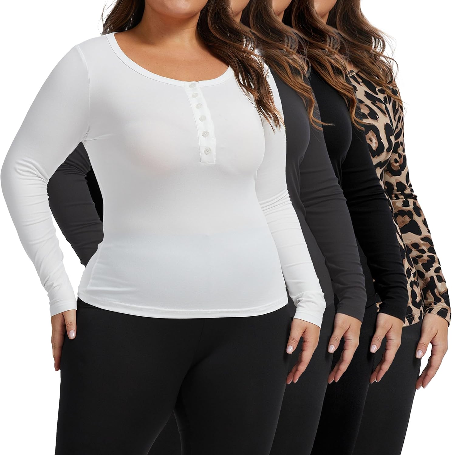 Multi-Pack Women’s Plus Size T-Shirts-Henley Neck Long Sleeve Oversize Knit Top