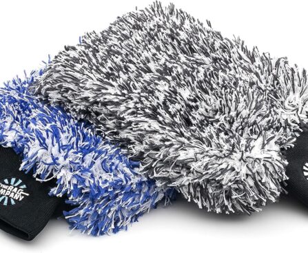 The Rag Company – The Cyclone Ultra Wash Mitts – 70/30 ‘Gauntlet’ Blend Korean Microfiber, Foam Padding, Scratch-Free, Lint-Free, Great for Rinseless Washing, 8in x 9in, Blue + Black (2-Pack)