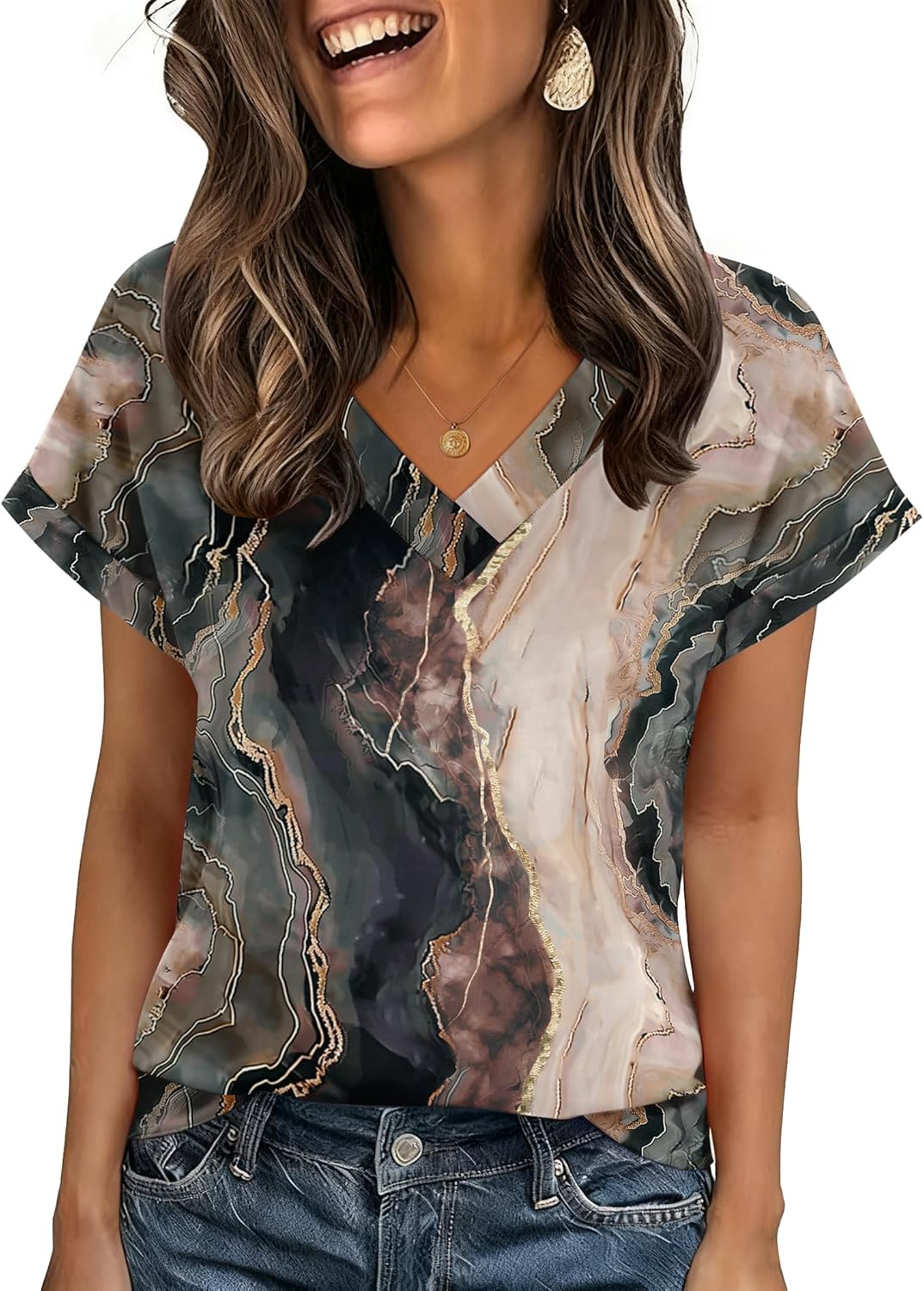 Zeagoo Womens Summer Tops Rolled Short Sleeve V Neck Shirts Casual Dressy Business Work Blouses Outfits