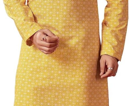 Elina fashion Cotton Printed Kurta for Men with Floral Leaf Pattern Full Sleeve Mandarin Collar Kurta Pajama Set