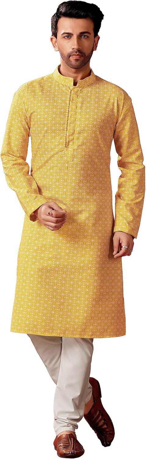 Elina fashion Cotton Printed Kurta for Men with Floral Leaf Pattern Full Sleeve Mandarin Collar Kurta Pajama Set