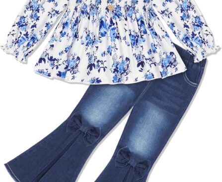 Toddler Girl Clothes Floral Print Square Neck Shirts Flared Jeans Toddler Girl Outfits 2-7Y