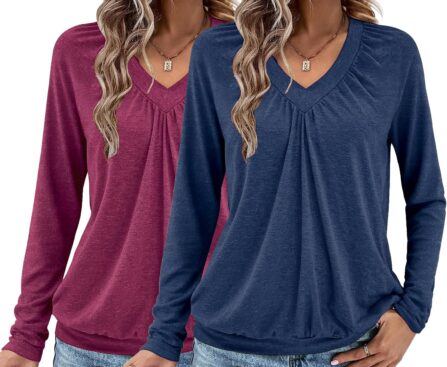 2 Pack Women Tops Long Sleeve Shirts V Neck Loose Fit Soft Casual Solid Color T-Shirts Fall Clothing