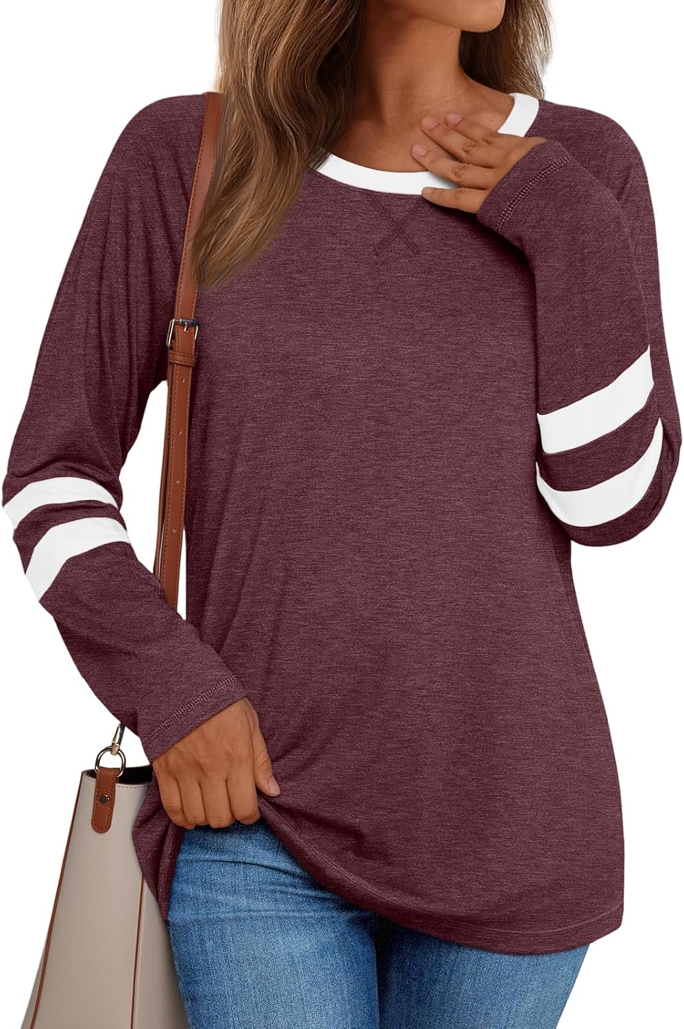 AUTOMET Womens Long Sleeve Shirts Color Block Casual Crewneck Tops Tshirt Basic Tee Fall Fashion Winter Clothing Outfits