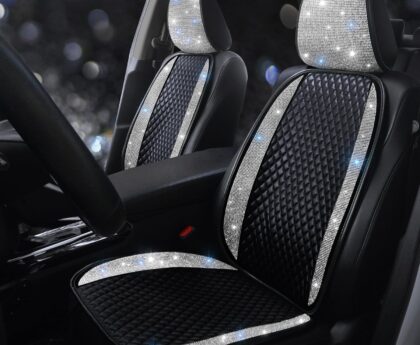 Bling Crystal Rhinestones Car Front Seat Covers for Womens Shining Diamond Seat Protectors, Anti-Slip Bottom Seat Cushion Covers for Auto Universal Fit Interior Accessories White 2Seats
