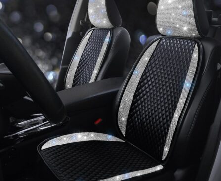 Bling Crystal Rhinestones Car Front Seat Covers for Womens Shining Diamond Seat Protectors, Anti-Slip Bottom Seat Cushion Covers for Auto Universal Fit Interior Accessories White 2Seats