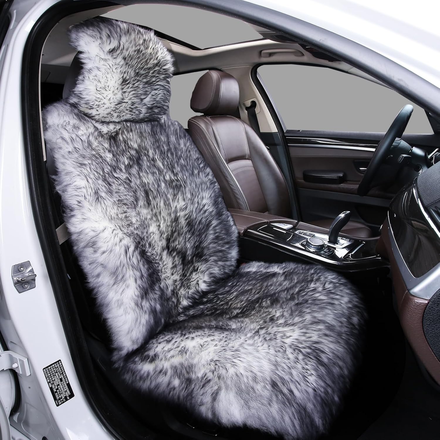 Sheepskin Car Seat Cover, Fluffy Fuzzy Long Wool Front Seat Covers, Universal Fits Most Car SUV Truck Minivan, Airbag Compatible (Wolf Tipped)
