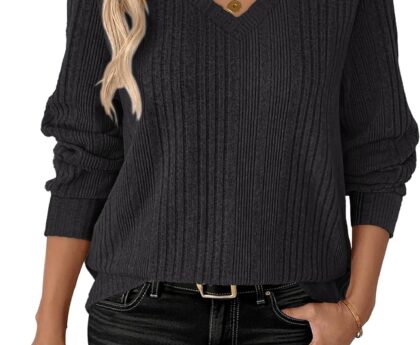 ANRABESS Womens V Neck Sweaters 2025 Fall Long Sleeve Shirts Lightweight Ribbed Knit Basic Casual Office Work Tunic Tops