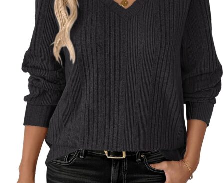 ANRABESS Womens V Neck Sweaters 2025 Fall Long Sleeve Shirts Lightweight Ribbed Knit Basic Casual Office Work Tunic Tops
