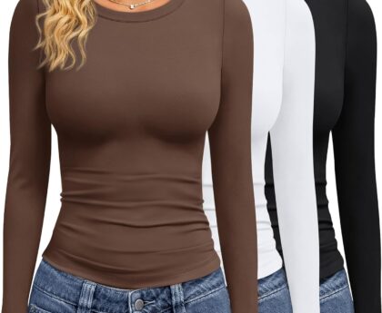GAYHAY 3 Pack Long Sleeve Shirts for Women Basic Tops Crew Neck Fitted Tight Workout Tees Y2K Clothes Going Out Fashion 2025