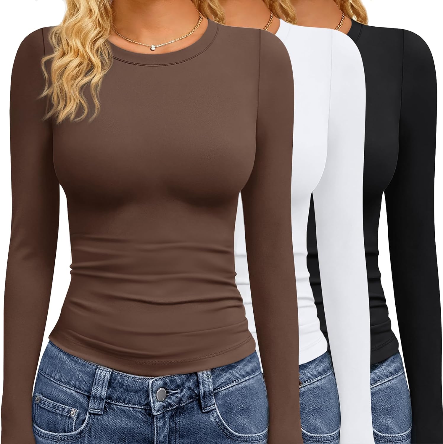 GAYHAY 3 Pack Long Sleeve Shirts for Women Basic Tops Crew Neck Fitted Tight Workout Tees Y2K Clothes Going Out Fashion 2025