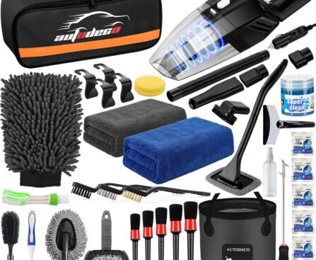 AUTODECO 41Pcs Car Cleaning Wash Kit Interior Detailing Cleaner Kit with High Power Handheld Vacuum, Collapsible Bucket, Windshield Tool, Snow Shovel, Tire Brush, Complete Car Care Tools, Black