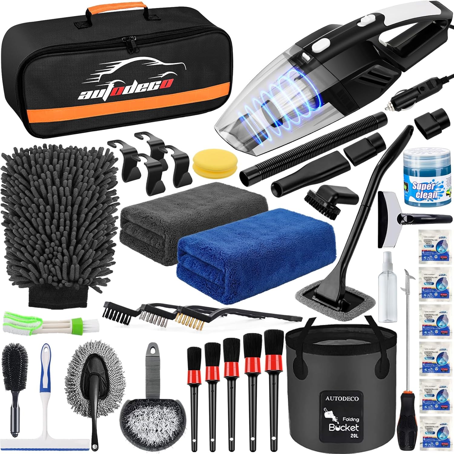 AUTODECO 41Pcs Car Cleaning Wash Kit Interior Detailing Cleaner Kit with High Power Handheld Vacuum, Collapsible Bucket, Windshield Tool, Snow Shovel, Tire Brush, Complete Car Care Tools, Black