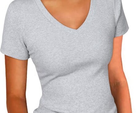 PALINDA Women’s Short Sleeves Ribbed Fitted Shirt Basic V Neck Slim T Shirt Tops