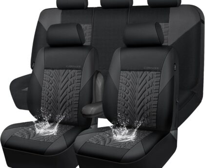 CAR PASS Neoprene Waterproof Seat Covers Full Sets, Wetsuit Car Seat Covers 5 Seats Universal Fit Vans, Truck, SUV, 3D Tyre Embossed Seat Covers Anti Slip with Armrests, Aibag Compatible(Black Gray)