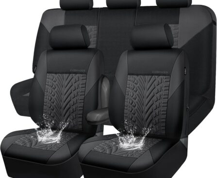 CAR PASS Neoprene Waterproof Seat Covers Full Sets, Wetsuit Car Seat Covers 5 Seats Universal Fit Vans, Truck, SUV, 3D Tyre Embossed Seat Covers Anti Slip with Armrests, Aibag Compatible(Black Gray)
