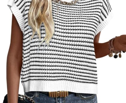 PRETTYGARDEN Womens Short Sleeve Sweater Spring Summer 2025 Round Neck Striped Pullover Cap Sleeve Knit Sweater Vest Tops