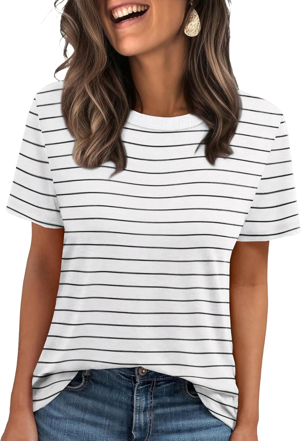 Jescakoo Womens Tops Summer Short Sleeve Ribbed Trim Crewneck T Shirts Fashion Basic Tee