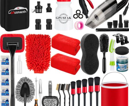 46Pcs Car Wash Cleaning Kit with Foam Gun Sprayer Detailing Brushes Car Vacuum Collapsible Bucket Windshield Cleaning Tool Tire Brush Towels Complete Interior Exterior Detailing Set for Car