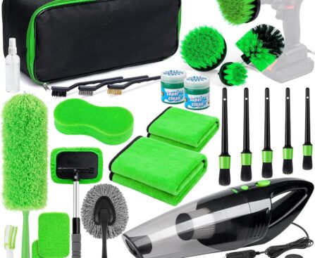 34pcs Car Cleaning Detailing Kit Interior Cleaner -with Portable Vacuum Cleaner, Car Window Windshield Cleaning Tool, Car Detailing Kit for Cars, Trucks, SUVs, Green