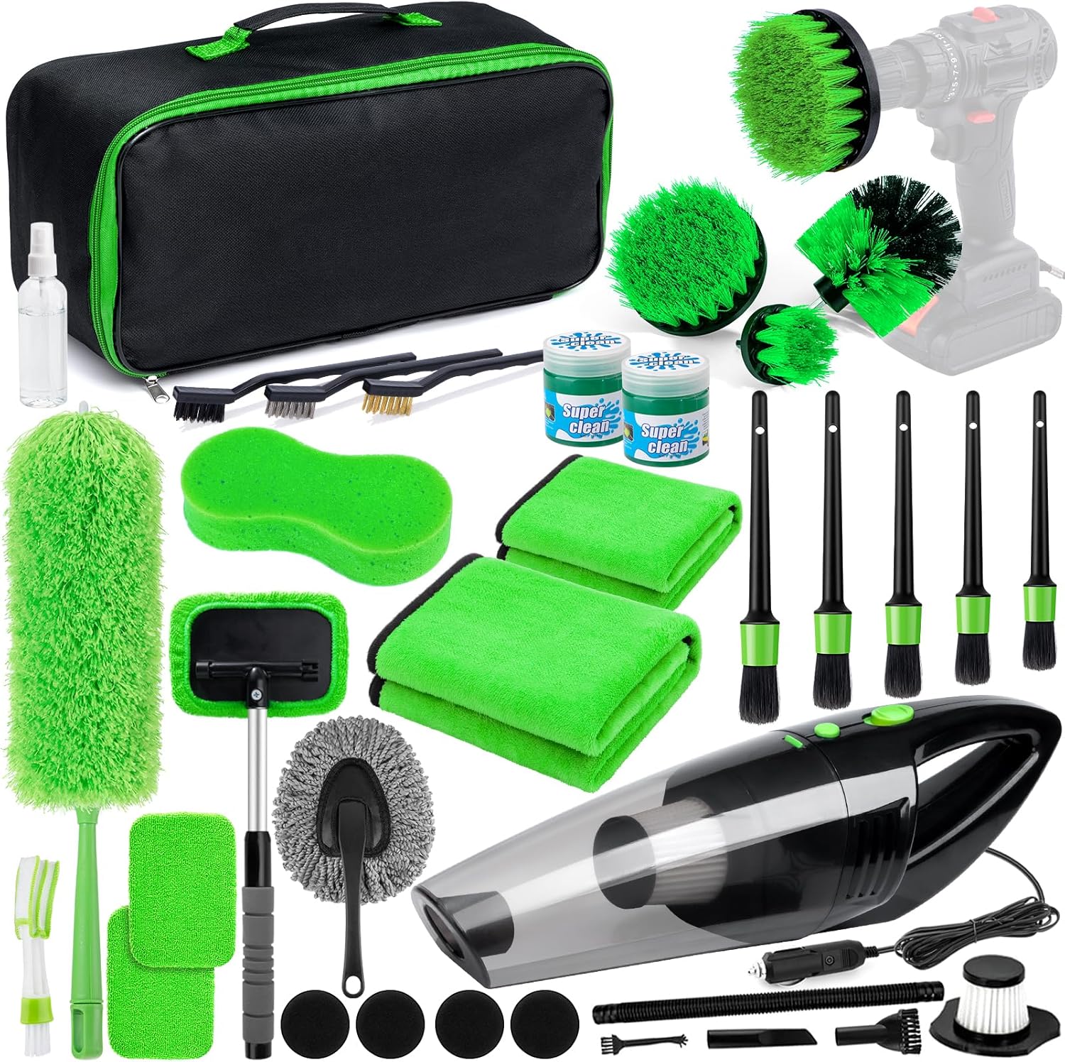 34pcs Car Cleaning Detailing Kit Interior Cleaner -with Portable Vacuum Cleaner, Car Window Windshield Cleaning Tool, Car Detailing Kit for Cars, Trucks, SUVs, Green