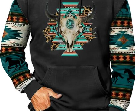 Men’s Western Hoodies Ethnic Print Graphic Sweatshirt Retro Long Casual Drawstring Pullover with Pocket
