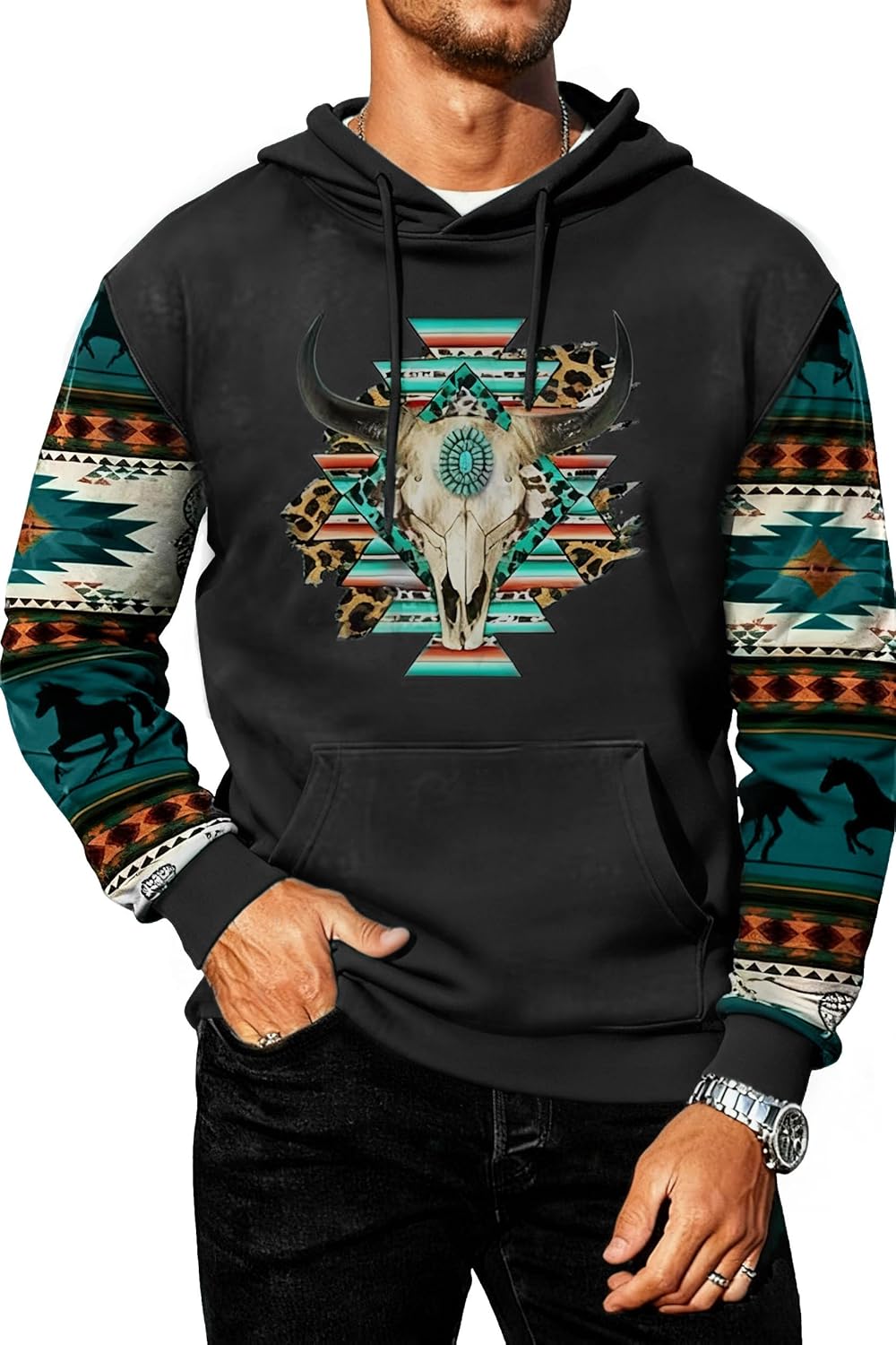 Men’s Western Hoodies Ethnic Print Graphic Sweatshirt Retro Long Casual Drawstring Pullover with Pocket