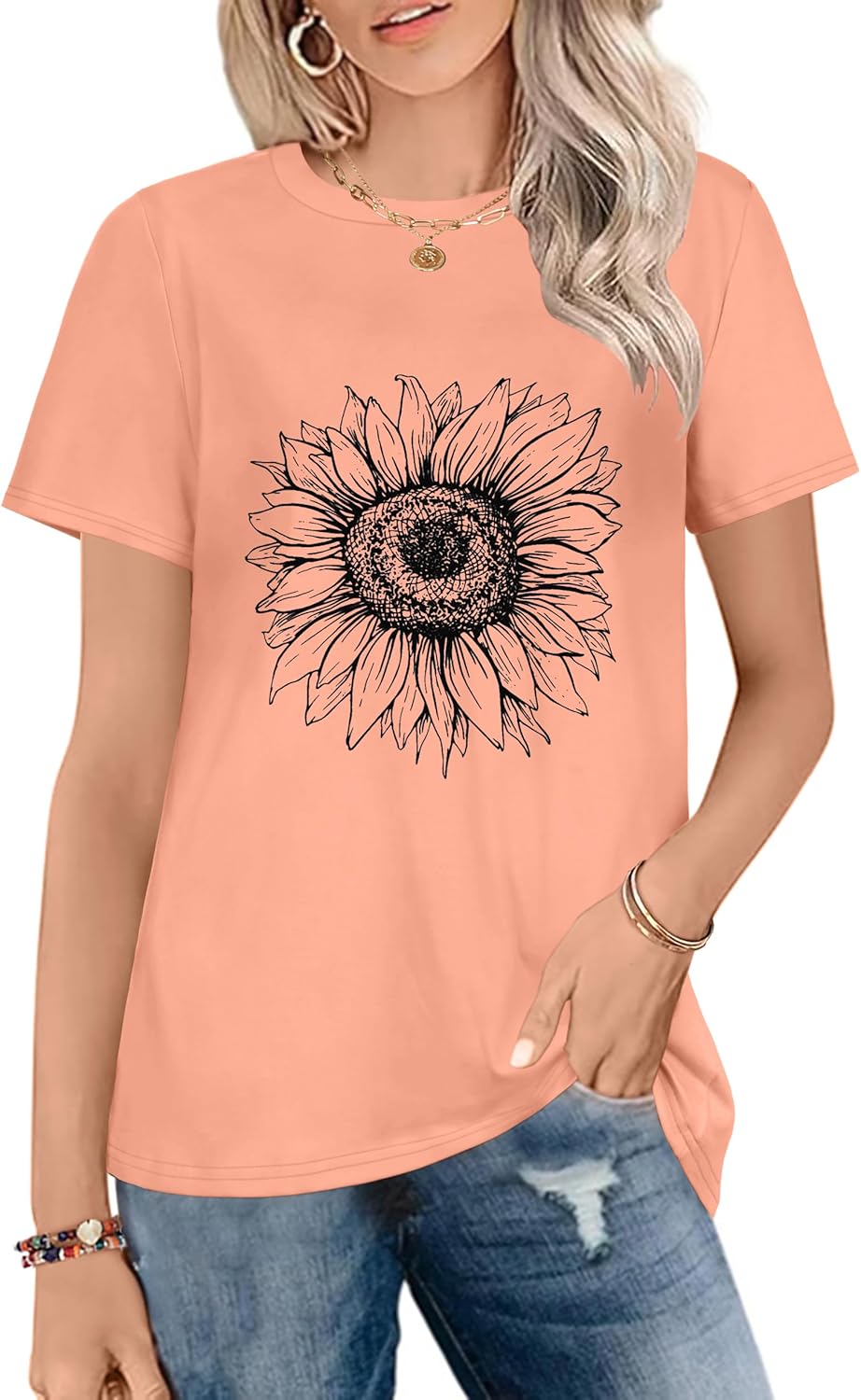 T Shirts for Women Crewneck Short Sleeve Loose Fit Casual Cute Tee Tunic Blouse